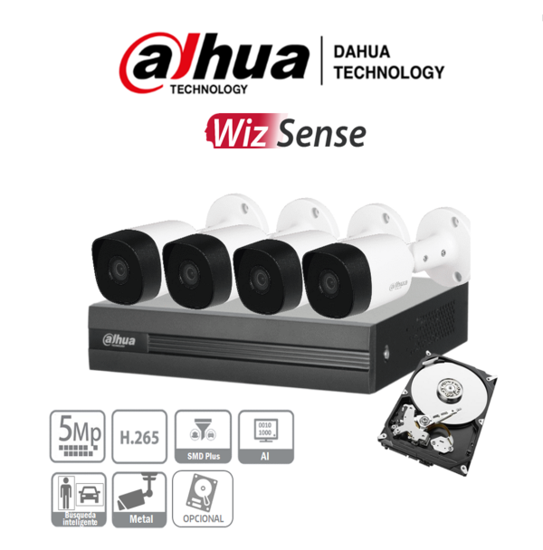 DAHUA KITXVR1B04H-I+4B2A51 - Kit de videovigilancia de 4 canales con cámaras de 5 MP
